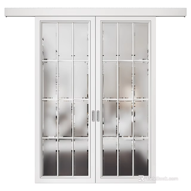 Modern White Frame Glass Panel Grid Design Sliding Door for Interior Space 3d model 