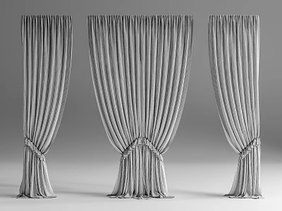 Light Gray Pleated Curtains in Three Different Styles with Tied Details and Drapery Fabric 3d model