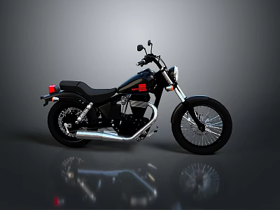 Classic Black Motorcycle With Black Seat Silver Exhaust And Reflective Surface 3d model