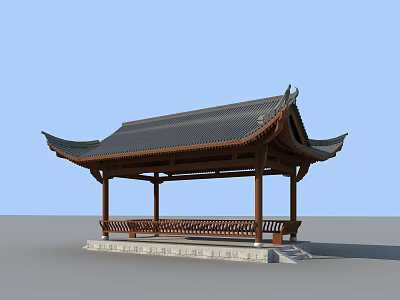 Traditional Chinese Style Pavilion With Curved Eaves Black Tiled Roof And Wooden Benches 3d model