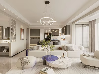 Modern Living Dining Room With White Sofa Round Coffee Table Pendant Lights And Area Rug 3d model