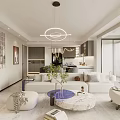 Modern Living Dining Room With White Sofa Round Coffee Table Pendant Lights And Area Rug