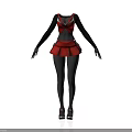 Woman In Red And Black Clothing With Short Skirt Long Sleeves And Shoes