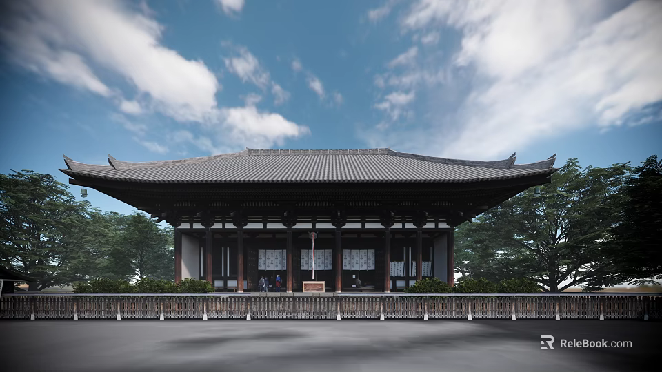 Ancient Architecture Featuring Traditional Tiled Roof Eaves And Wooden Structure With Trees Under Blue Sky 3d model 