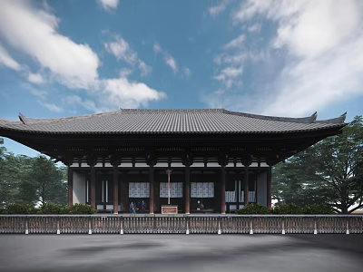 Ancient Architecture Featuring Traditional Tiled Roof Eaves And Wooden Structure With Trees Under Blue Sky 3d model
