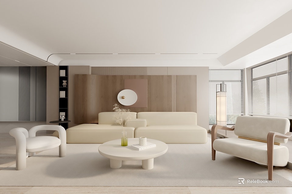 Modern Living Room Interior With Cream Sofa White Armchair And Round Coffee Table 3d model 