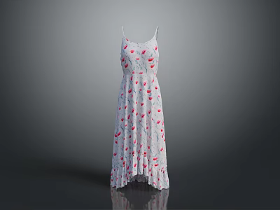 White Strawberry Pattern Spaghetti Strap Long Dress With Ruffled Hem And Casual Style 3d model