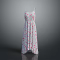 White Strawberry Pattern Spaghetti Strap Long Dress With Ruffled Hem And Casual Style