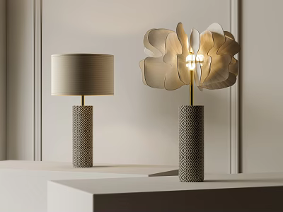 Modern Interior Table Lamps Flower Petal Shaped and Minimalist Drum Shade Textured Patterned Bases 3d model