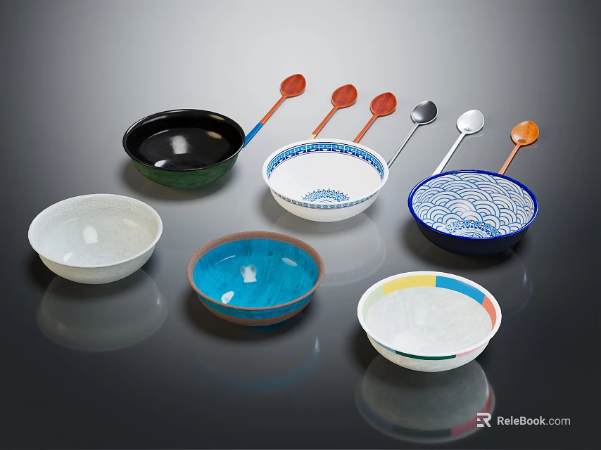 Colorful Ceramic Dinnerware Set With Multiple Bowls Various Colored Spoons And Unique Patterns 3d model 