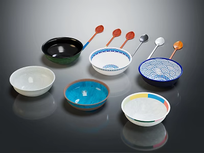 Colorful Ceramic Dinnerware Set With Multiple Bowls Various Colored Spoons And Unique Patterns 3d model