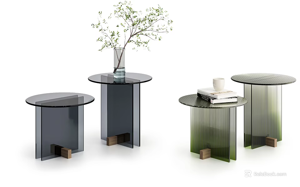 Modern Side Tables With Round Glass Tops And Colored Acrylic Bases Featuring Vase And Books 3d model 