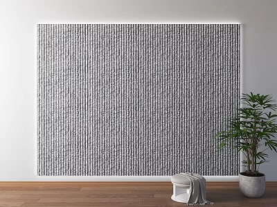 Modern Gray Vertical Striped Feature Wall With Green Plant Wooden Floor And Stool With Blanket 3d model