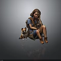 The Woman Sitting With Two Dogs In Blue Shirt Denim Shorts Brown Boots And Backpack