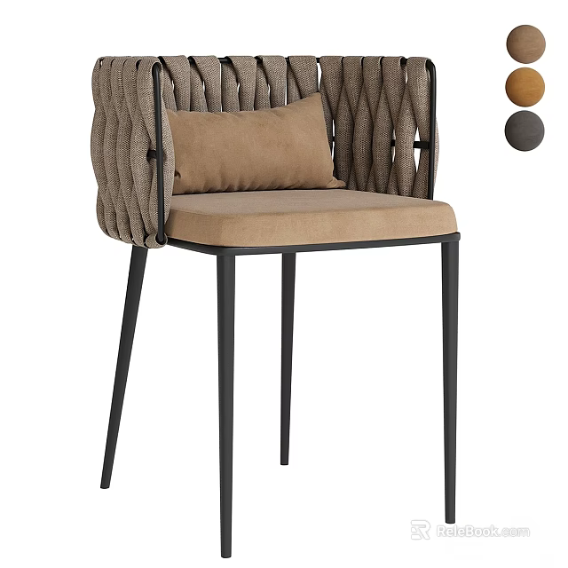 Woven Backrest Single Chair With Beige Cushion Black Metal Legs And Decorative Brown Gray Balls 3d model 