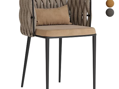 Woven Backrest Single Chair With Beige Cushion Black Metal Legs And Decorative Brown Gray Balls 3d model
