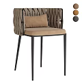 Woven Backrest Single Chair With Beige Cushion Black Metal Legs And Decorative Brown Gray Balls