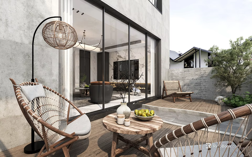 Serene Garden Landscape Featuring Wicker Chairs Wooden Terrace Glass Doors and Green Plants 3d model 