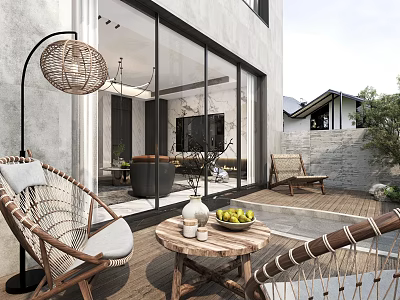 Serene Garden Landscape Featuring Wicker Chairs Wooden Terrace Glass Doors and Green Plants 3d model