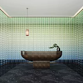 Elegant Modern Reception Desk with Gradient Green Glass Block Wall Hanging Lamp and Potted Plants