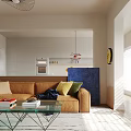 Modern Living and Dining Room Interior with Dining Table Sofa Wall Art and Pendant Light