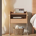 Wooden Bedside Table with Radio Glass and Books in Drawer and Metal Legs