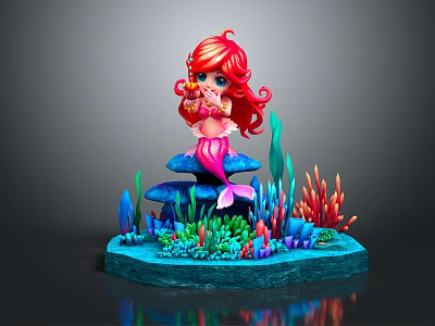 Cute Little Mermaid Figurine With Colorful Coral And Seaweed Decor 3d model