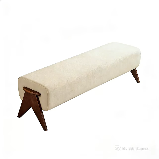 Beige Upholstered Bed Bench With Modern Wooden Legs For Bedroom Decor 3d model 