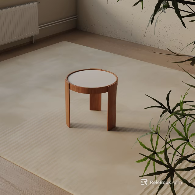Modern Round Side Table with White Top and Wooden Legs on Light Rug with Plant 3d model 