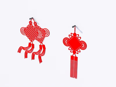 Traditional Chinese Wall Decor with Red Knots and Hanging Tassels 3d model
