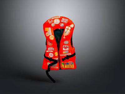 Bright Red Life Jacket With Colorful Stickers And Adjustable Straps For Safety 3d model
