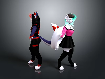 Two Anime Anthropomorphic Characters In Stylish Outfits With Tails And Colorful Hair 3d model