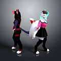 Two Anime Anthropomorphic Characters In Stylish Outfits With Tails And Colorful Hair