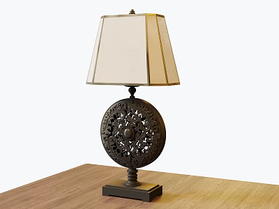 Black Carved Round Base Table Lamp With Beige Fabric Shade On Wooden Table 3d model