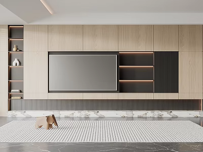 Modern TV Wall Unit Design With Wooden Panels Built-in TV Layered Shelves And LED Lighting 3d model