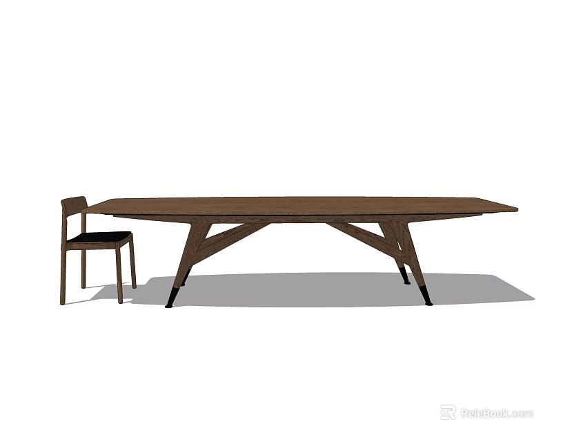 Modern Minimalist Dining Table Set With Long Brown Tabletop And Matching Wooden Chair 3d model 