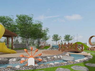 Vibrant Children's Play Area With Yellow Slide Orange Crab Structure Wooden Bridge Stream And Trees 3d model