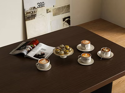 Delicious Coffee Cups And Tasty Desserts Arranged On Wooden Table With Open Magazine 3d model