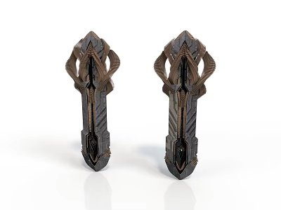 Ancient Ornate Weapon Featuring Symmetric Metal Design And Intricate Carvings 3d model