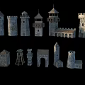 Medieval Architectural Models In Various Styles Featuring Stone Towers And Castles