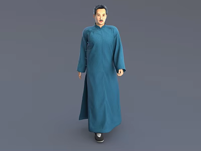 Man Wearing Traditional Blue Long Robe Standing Against Gray Background Full View 3d model