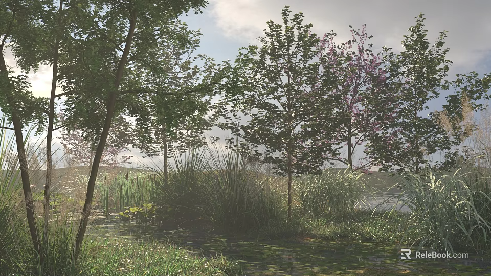 Lush Green Natural Outdoor Area With Tall Trees Fresh Grass And Colorful Flowers 3d model 