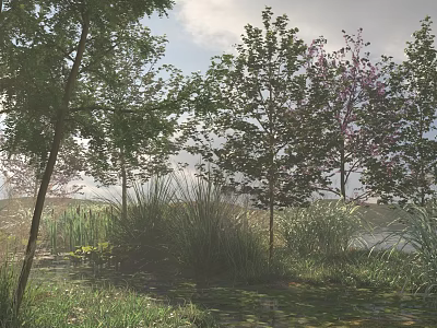 Lush Green Natural Outdoor Area With Tall Trees Fresh Grass And Colorful Flowers 3d model