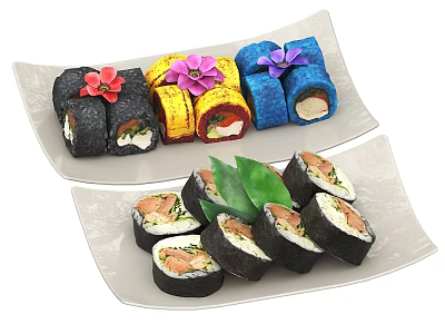 Colorful Sushi Rolls And Sliced Sushi On Two Plates Decorated With Flowers And Leaves 3d model