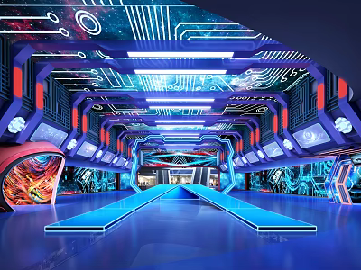 Futuristic Tech Inspired Corridor with Blue Lighting Circuit Board Patterns Displays And Illuminated Floor 3d model