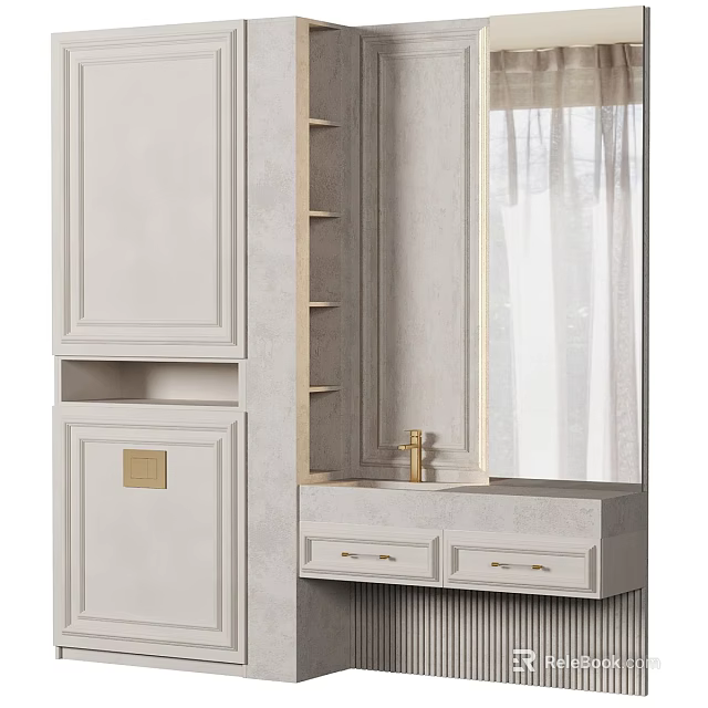 Elegant Modern Bathroom Washbasin Vanity With Marble Countertop Gold Faucet Mirror And Cabinets 3d model 