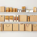 Household Items Including Kraft Paper Bags And Packaging Boxes On White Shelves Various Sizes Shapes