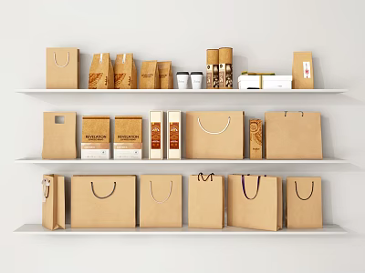 Household Items Including Kraft Paper Bags And Packaging Boxes On White Shelves Various Sizes Shapes 3d model