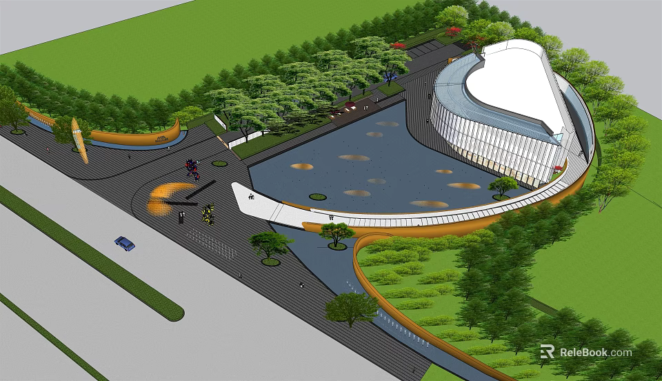 Modern Sales Office Building Exterior Design With Landscaping Water Pond Roadway Cars And Pedestrians 3d model 