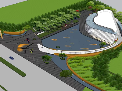 Modern Sales Office Building Exterior Design With Landscaping Water Pond Roadway Cars And Pedestrians 3d model